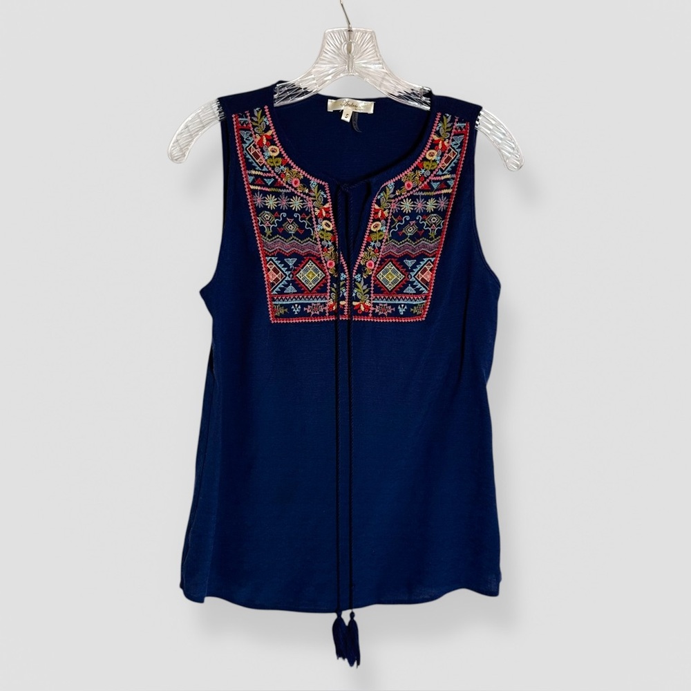 Andree by Unit Size Small Navy Floral Embroidered Tassel Tank Top Boho Casual